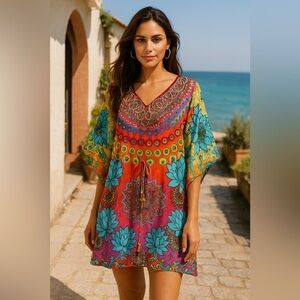 NWT RUBY YAYA Globetrotter Multicolor Embellished Boho Kaftan Dress Tassel Belt